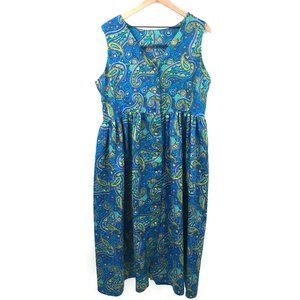 Handmade vintage button up midi boho hippy witchy bright dress blue paisley XL
